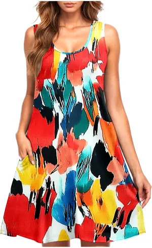 2025 Funny Print Swing Mini Dress for Women Beach Sleeveless Tank Sundresses Summer Scoop Neck T Shirt Tunic Dresses