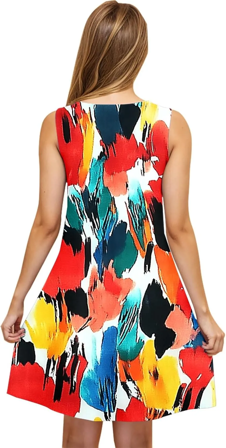 2025 Funny Print Swing Mini Dress for Women Beach Sleeveless Tank Sundresses Summer Scoop Neck T Shirt Tunic Dresses