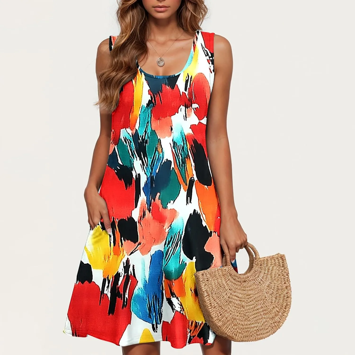 2025 Funny Print Swing Mini Dress for Women Beach Sleeveless Tank Sundresses Summer Scoop Neck T Shirt Tunic Dresses