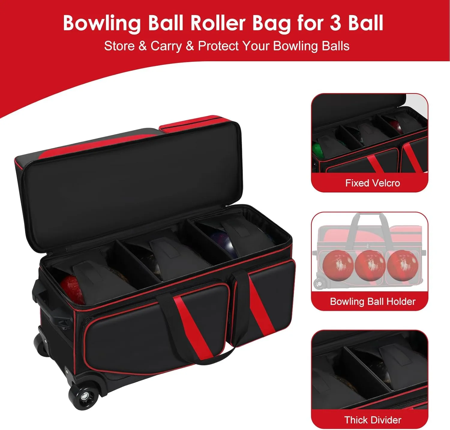 3 Ball Bowling Roller Bag with Wheels, Rolling Bowling Bag 3 Ball Roller with Shoe Compartment (Fits Up to Size 16), with Multi-pocket and Retractable Handle Extends to 41.5"