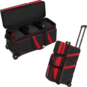 3 Ball Bowling Roller Bag with Wheels, Rolling Bowling Bag 3 Ball Roller with Shoe Compartment (Fits Up to Size 16), with Multi-pocket and Retractable Handle Extends to 41.5"
