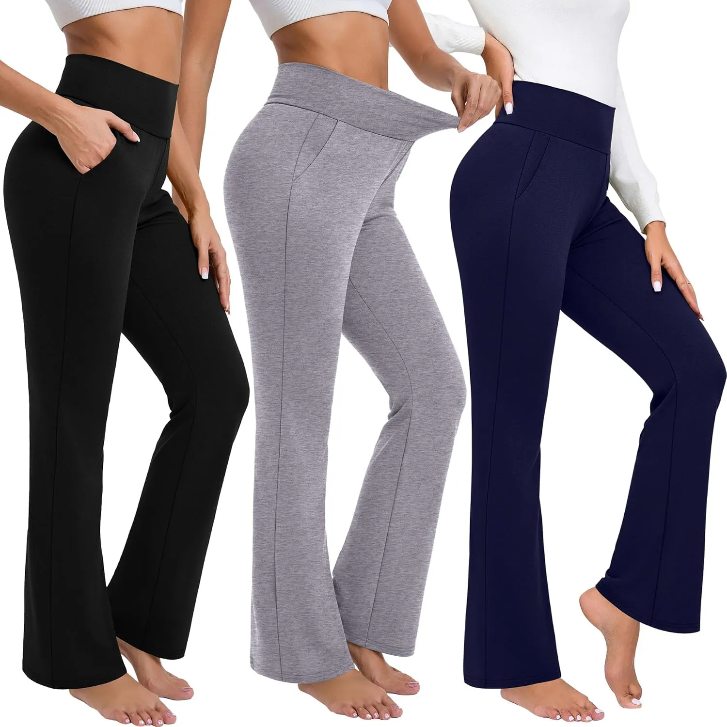 3 Pack Women's High Waist Flare Pants, Wide Leg Bootcut Loose Casual Yoga Dress Pants with Pockets