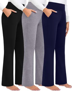 3 Pack Women's High Waist Flare Pants, Wide Leg Bootcut Loose Casual Yoga Dress Pants with Pockets