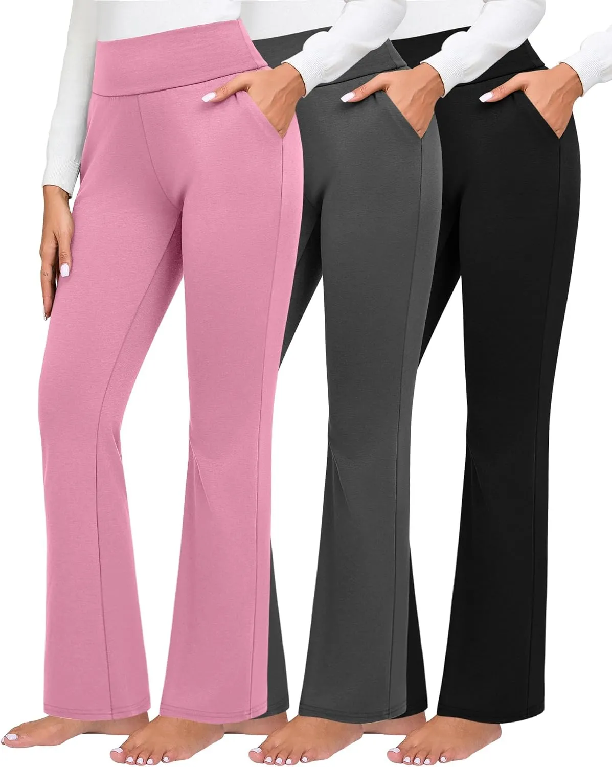 3 Pack Women's High Waist Flare Pants, Wide Leg Bootcut Loose Casual Yoga Dress Pants with Pockets