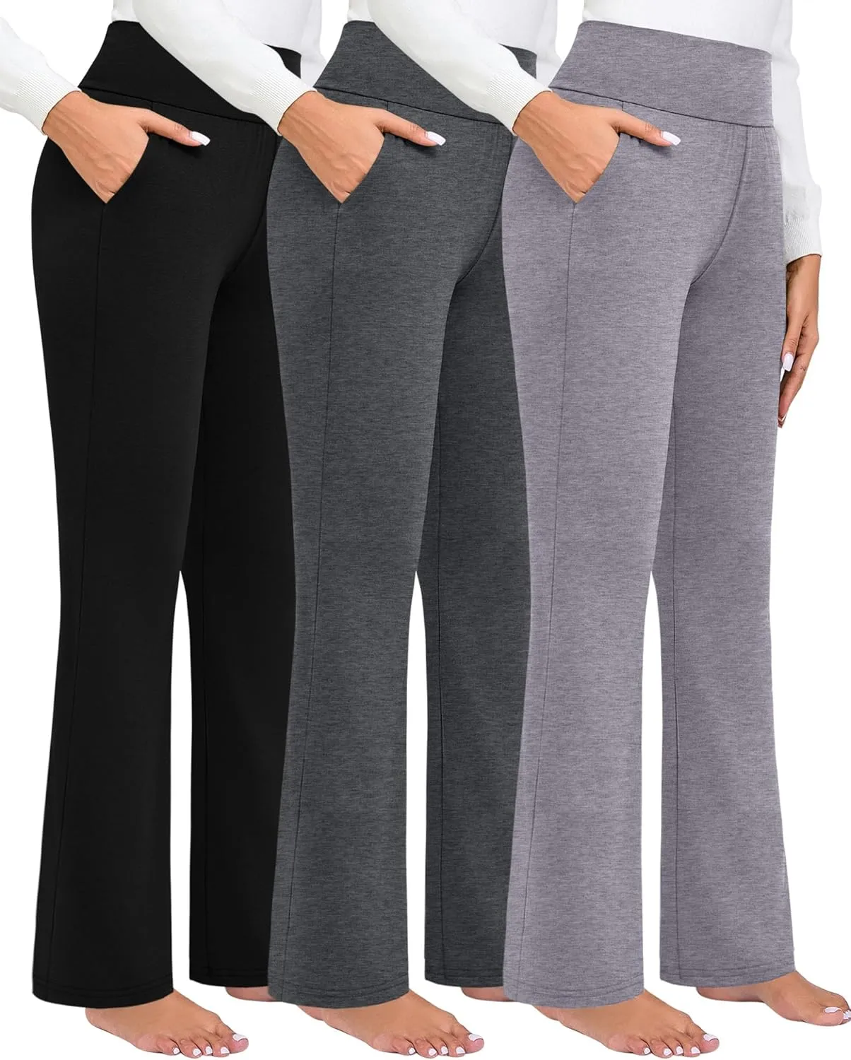 3 Pack Women's High Waist Flare Pants, Wide Leg Bootcut Loose Casual Yoga Dress Pants with Pockets