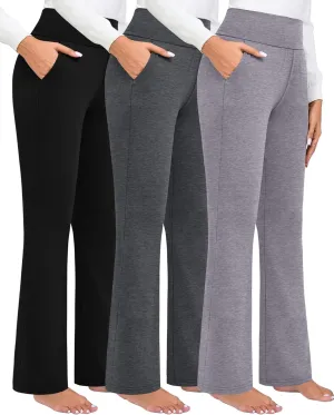 3 Pack Women's High Waist Flare Pants, Wide Leg Bootcut Loose Casual Yoga Dress Pants with Pockets