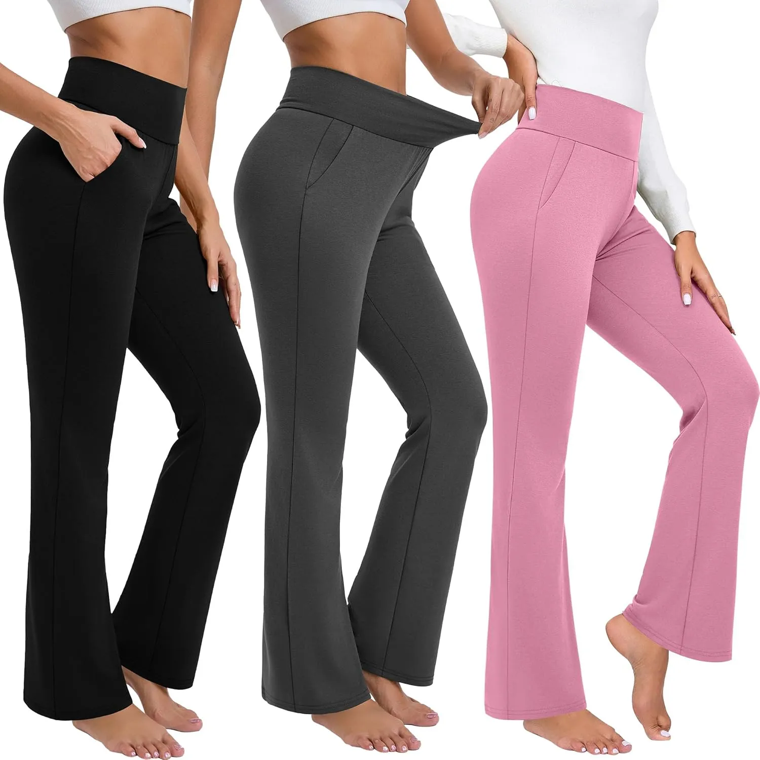 3 Pack Women's High Waist Flare Pants, Wide Leg Bootcut Loose Casual Yoga Dress Pants with Pockets