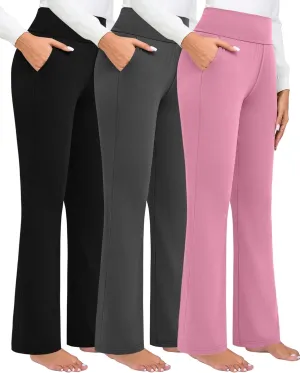 3 Pack Women's High Waist Flare Pants, Wide Leg Bootcut Loose Casual Yoga Dress Pants with Pockets