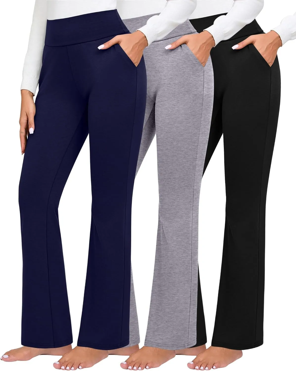 3 Pack Women's High Waist Flare Pants, Wide Leg Bootcut Loose Casual Yoga Dress Pants with Pockets