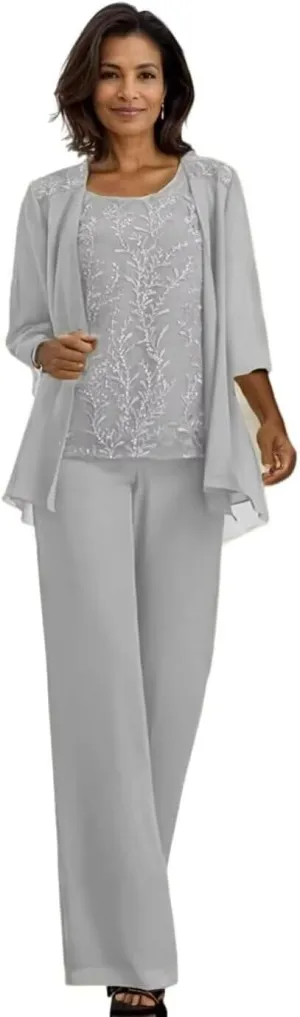 3 Pieces Mother of The Bride Pantsuits for Wedding Lace Chiffon Cocktail Pant Suits for Weddings with Jacket