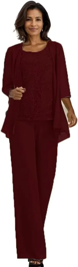 3 Pieces Mother of The Bride Pantsuits for Wedding Lace Chiffon Cocktail Pant Suits for Weddings with Jacket