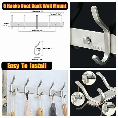 Alise Coat Rack Wall Mount,Coat Hanger Rail with 5 Double Coat Hooks for Hanging Coats,SUS304 Stainless Steel Towel Hanger Hook Racks for Purse Clothes Entryway Jacket Hats,Gold and Black