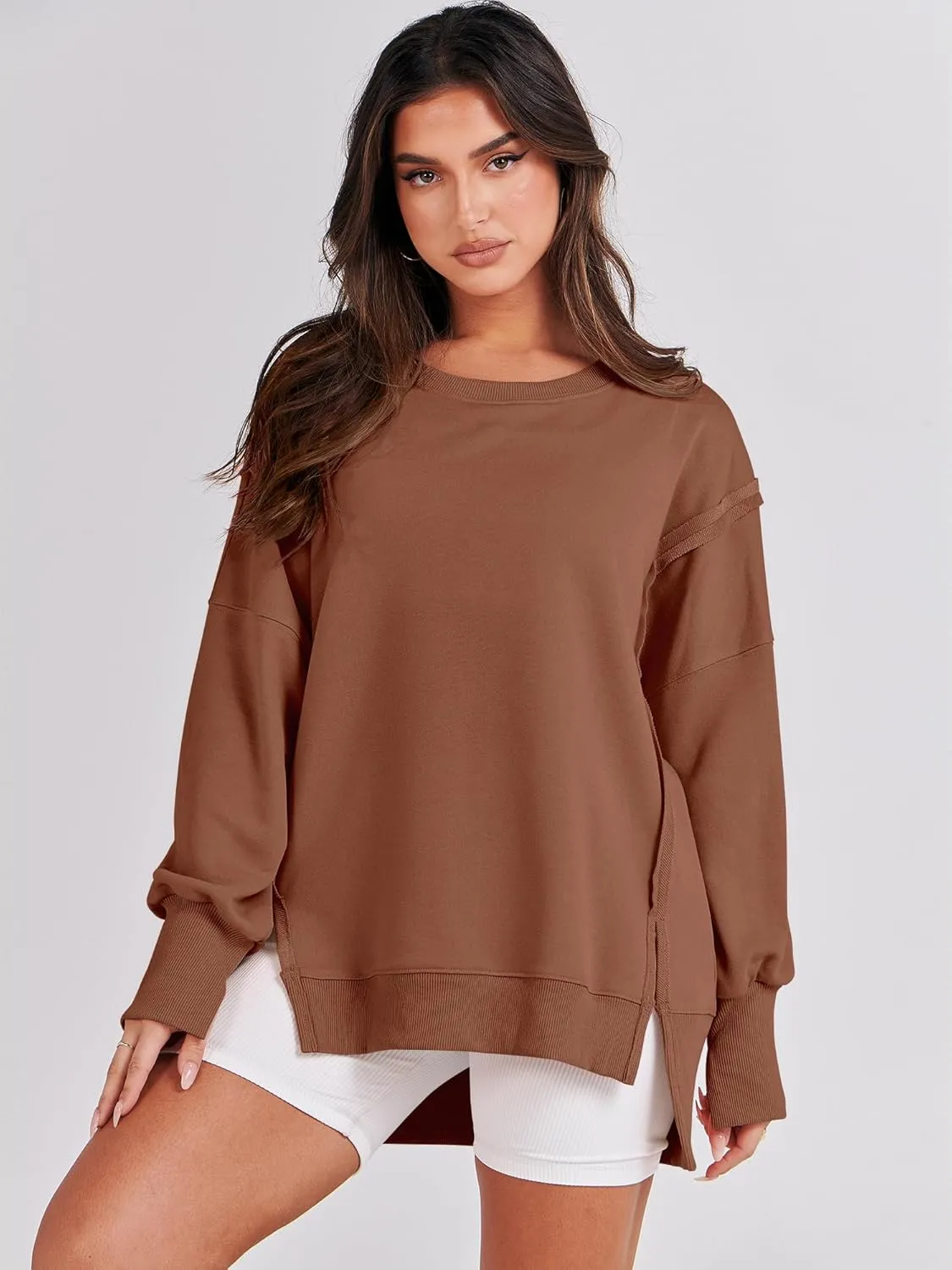 ANRABESS Women's Oversized Sweatshirts Crew Neck Long Sleeve Shirts Casual Loose Slit 2025 Fall Clothes
