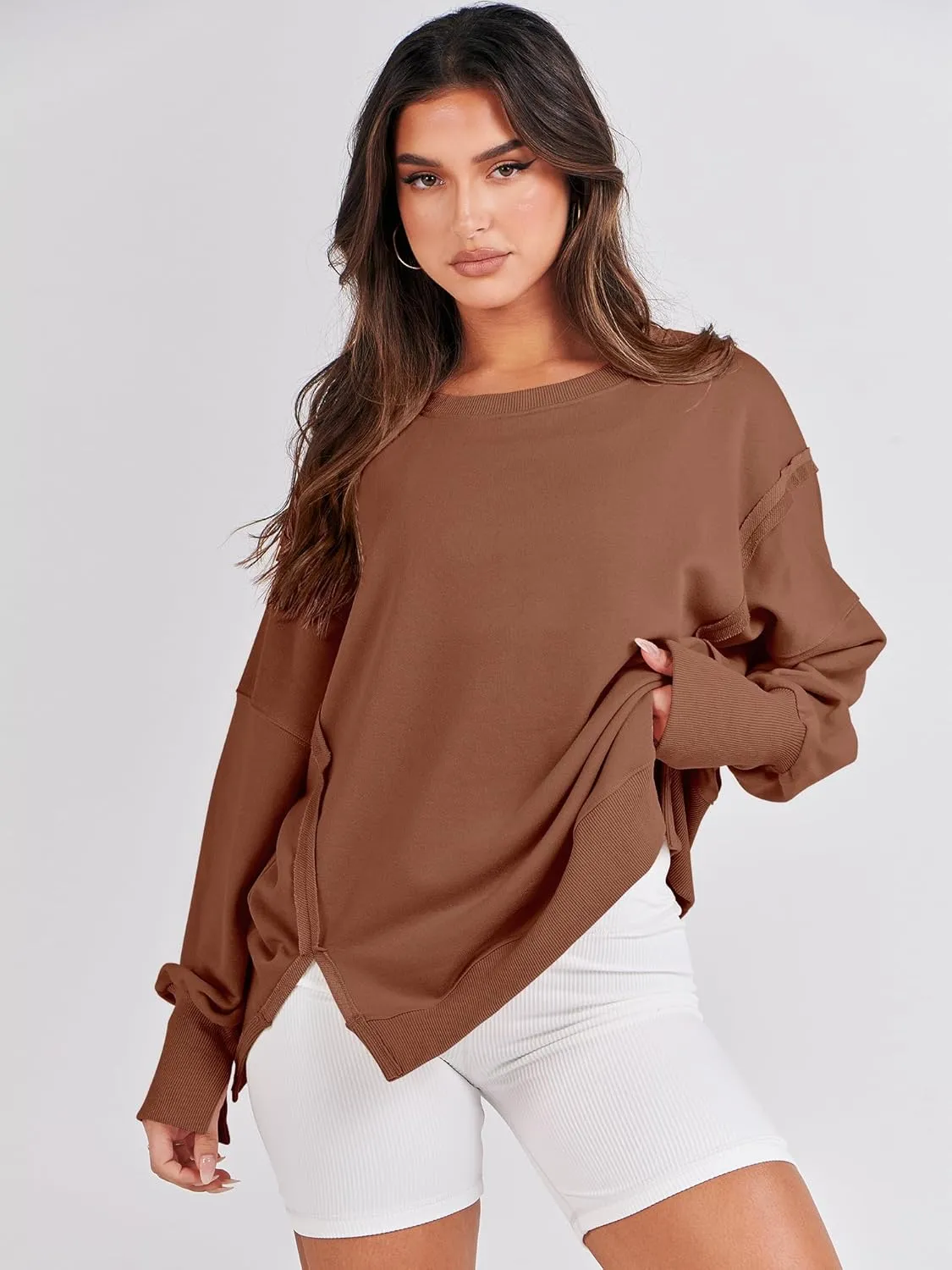 ANRABESS Women's Oversized Sweatshirts Crew Neck Long Sleeve Shirts Casual Loose Slit 2025 Fall Clothes