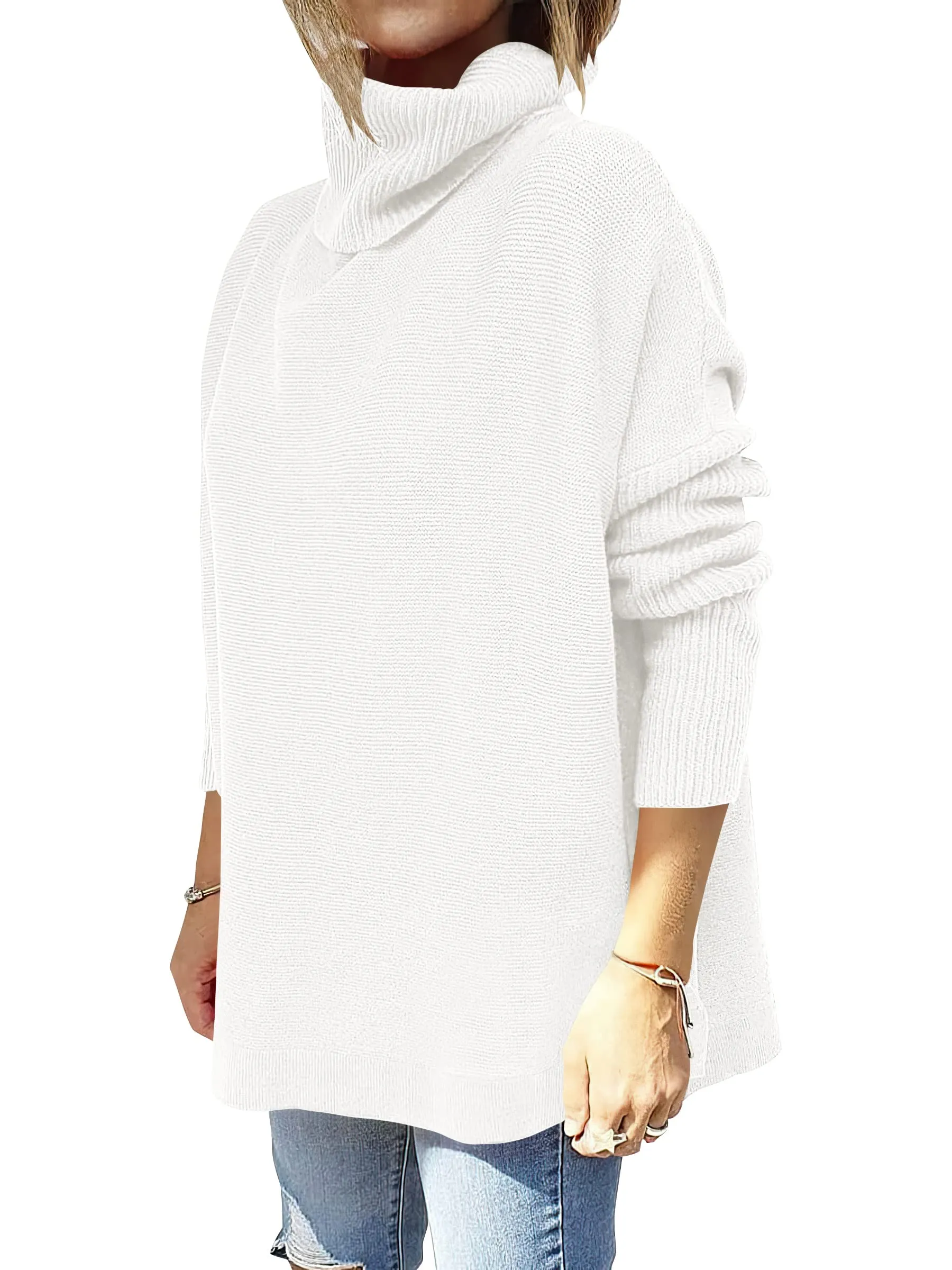 ANRABESS Women's Oversized Turtleneck Batwing Sleeve Spilt Casual Loose Knit Tunic Pullover Sweater Tops 2024 Fall Outfits White Medium