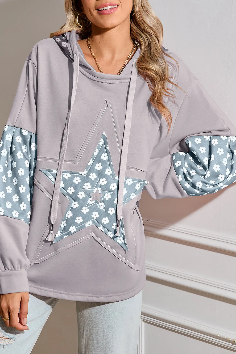 Apricot Floral Patchwork Star Pattern Drawstring Hoodie