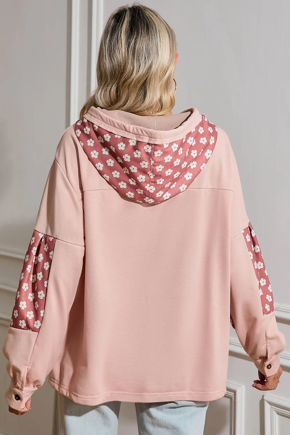 Apricot Floral Patchwork Star Pattern Drawstring Hoodie