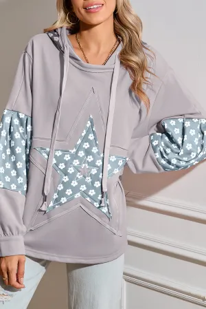 Apricot Floral Patchwork Star Pattern Drawstring Hoodie