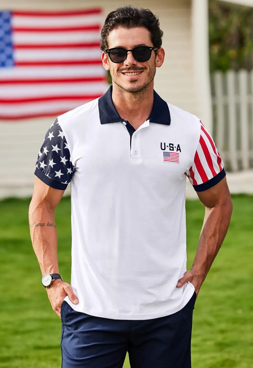 Arvilhill Men's American Flag Polo Shirts Short Sleeve 4th of July Cotton Golf Shirt (S-3XL)