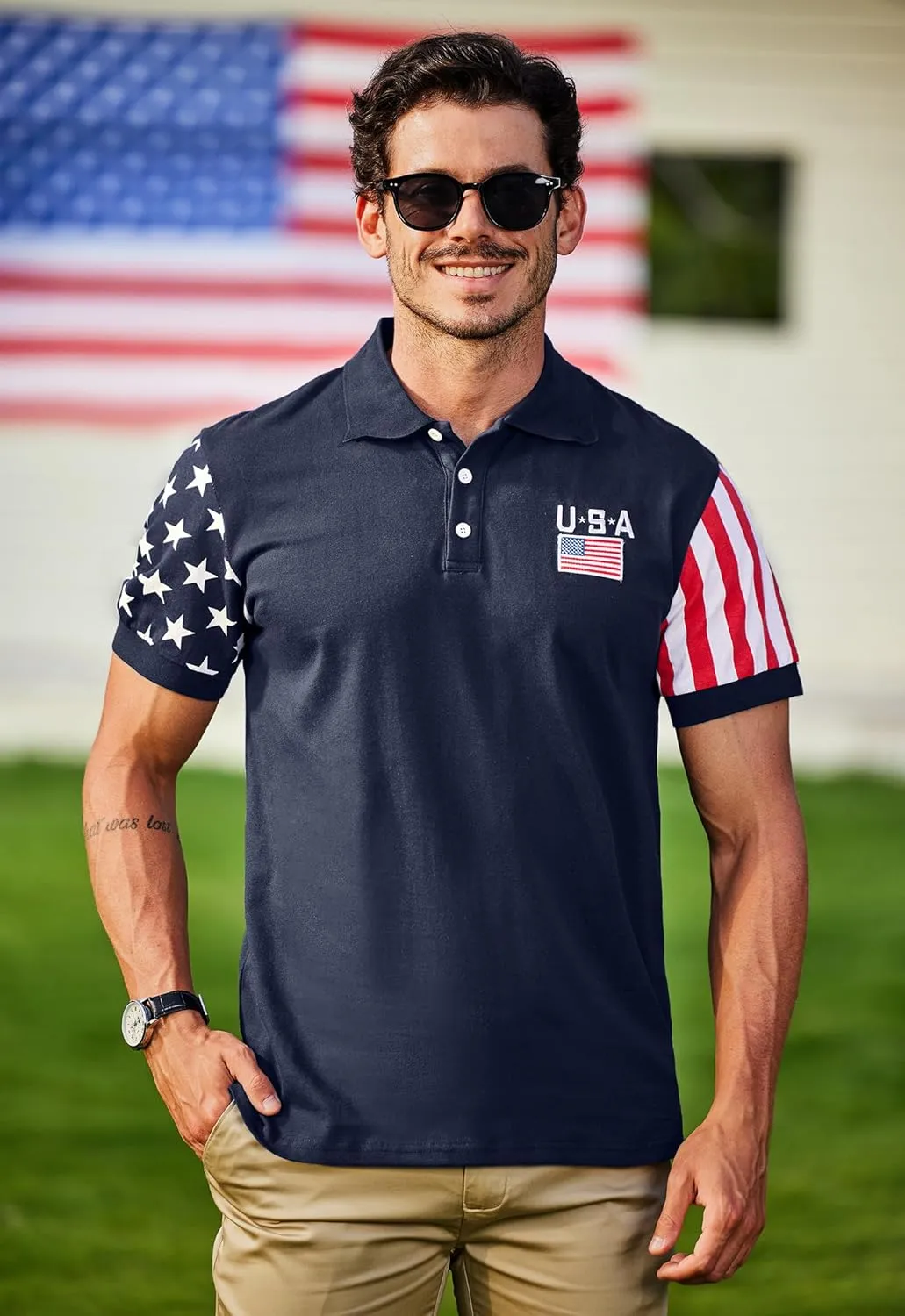 Arvilhill Men's American Flag Polo Shirts Short Sleeve 4th of July Cotton Golf Shirt (S-3XL)