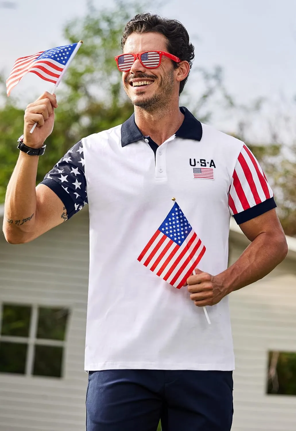 Arvilhill Men's American Flag Polo Shirts Short Sleeve 4th of July Cotton Golf Shirt (S-3XL)