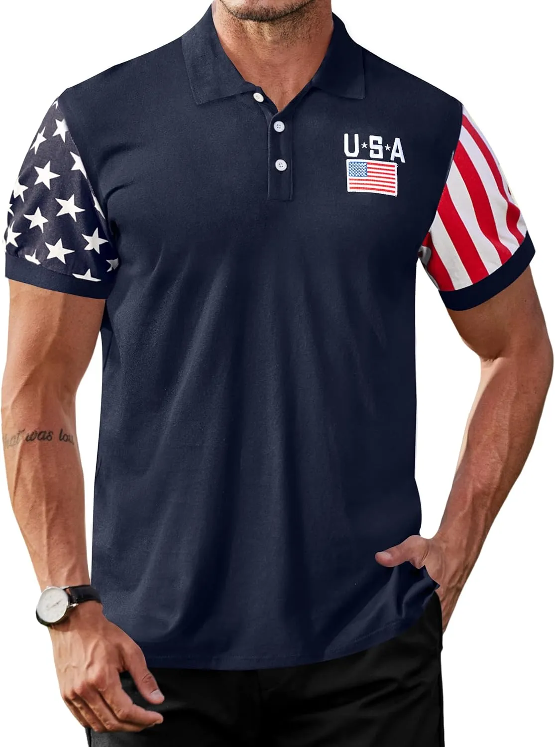 Arvilhill Men's American Flag Polo Shirts Short Sleeve 4th of July Cotton Golf Shirt (S-3XL)