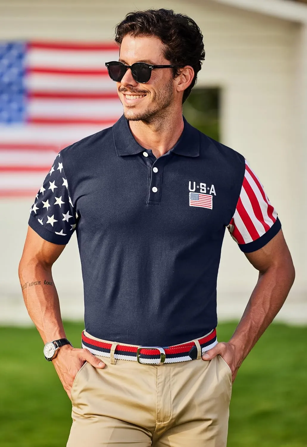 Arvilhill Men's American Flag Polo Shirts Short Sleeve 4th of July Cotton Golf Shirt (S-3XL)