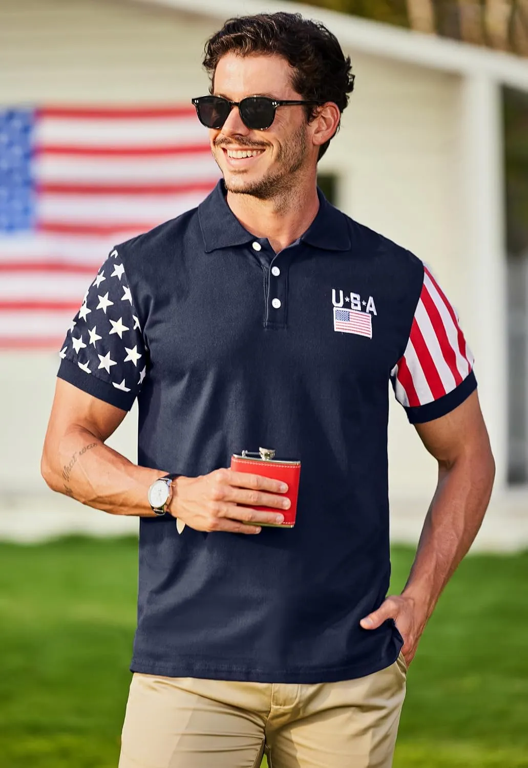 Arvilhill Men's American Flag Polo Shirts Short Sleeve 4th of July Cotton Golf Shirt (S-3XL)