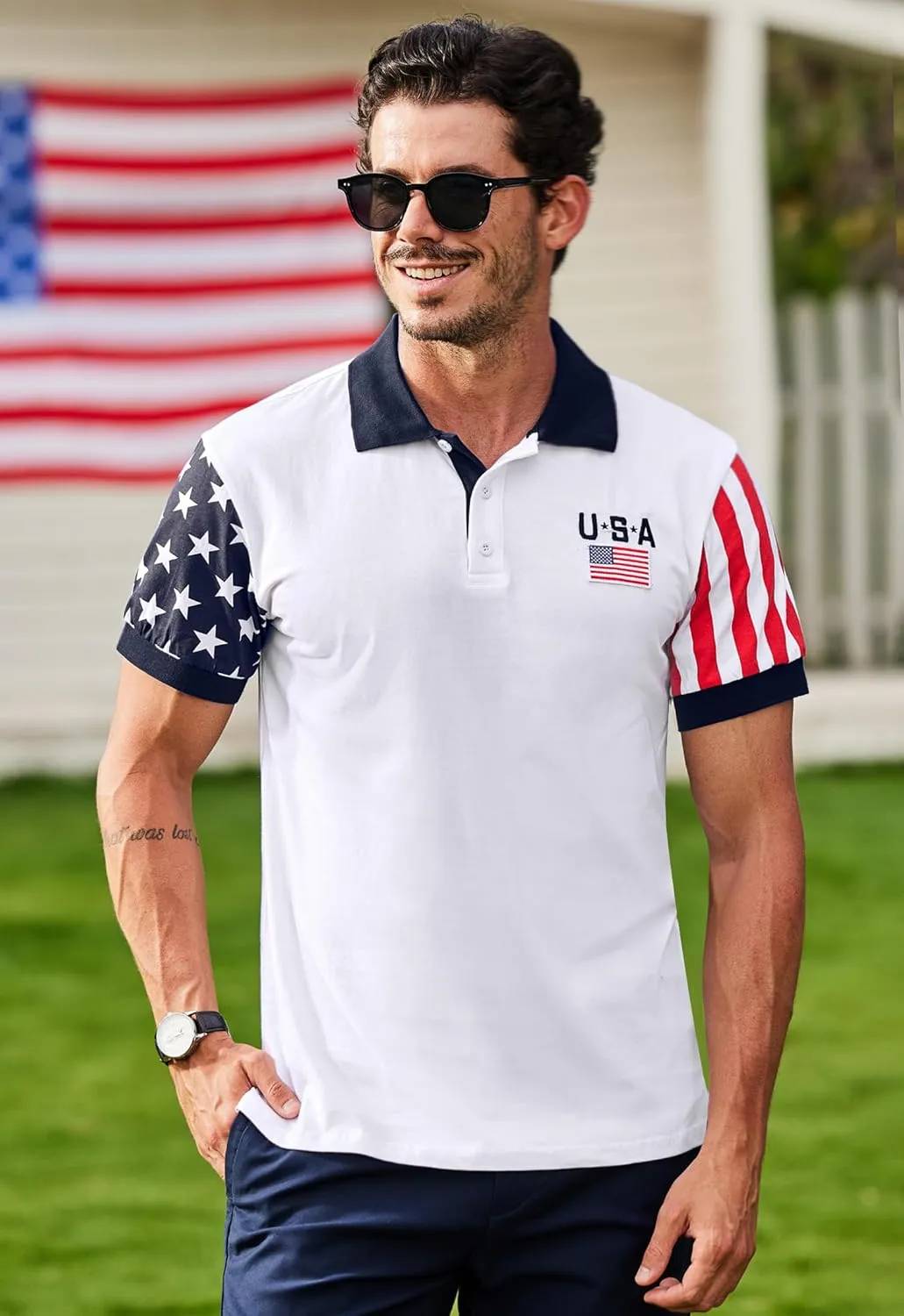 Arvilhill Men's American Flag Polo Shirts Short Sleeve 4th of July Cotton Golf Shirt (S-3XL)