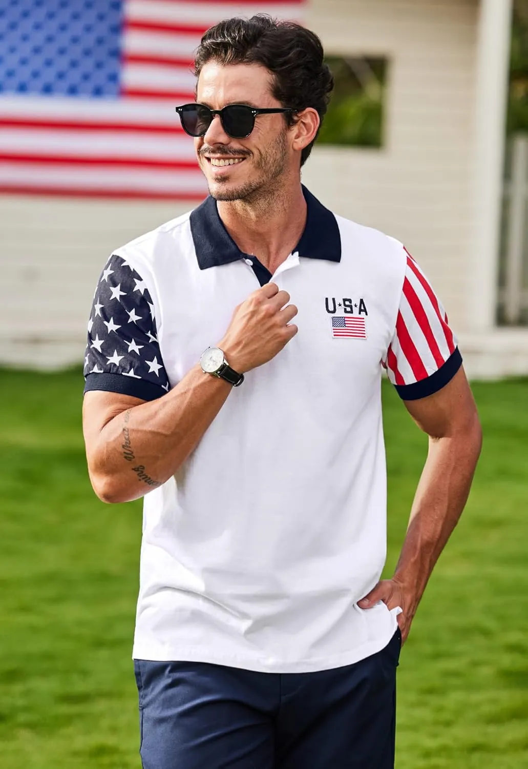 Arvilhill Men's American Flag Polo Shirts Short Sleeve 4th of July Cotton Golf Shirt (S-3XL)