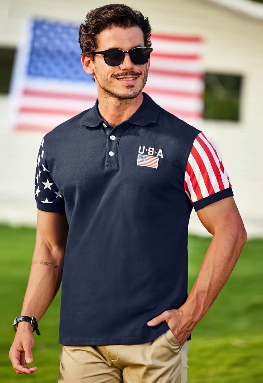 Arvilhill Men's American Flag Polo Shirts Short Sleeve 4th of July Cotton Golf Shirt (S-3XL)