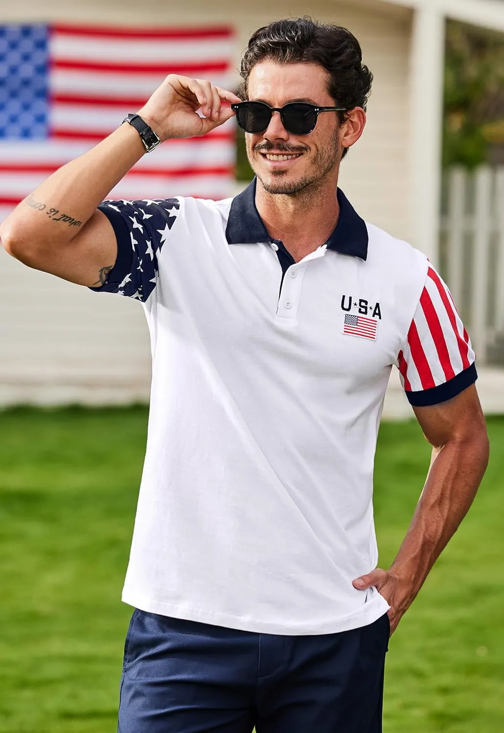 Arvilhill Men's American Flag Polo Shirts Short Sleeve 4th of July Cotton Golf Shirt (S-3XL)