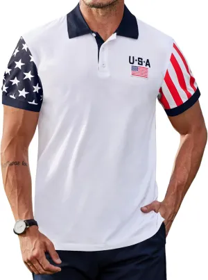 Arvilhill Men's American Flag Polo Shirts Short Sleeve 4th of July Cotton Golf Shirt (S-3XL)
