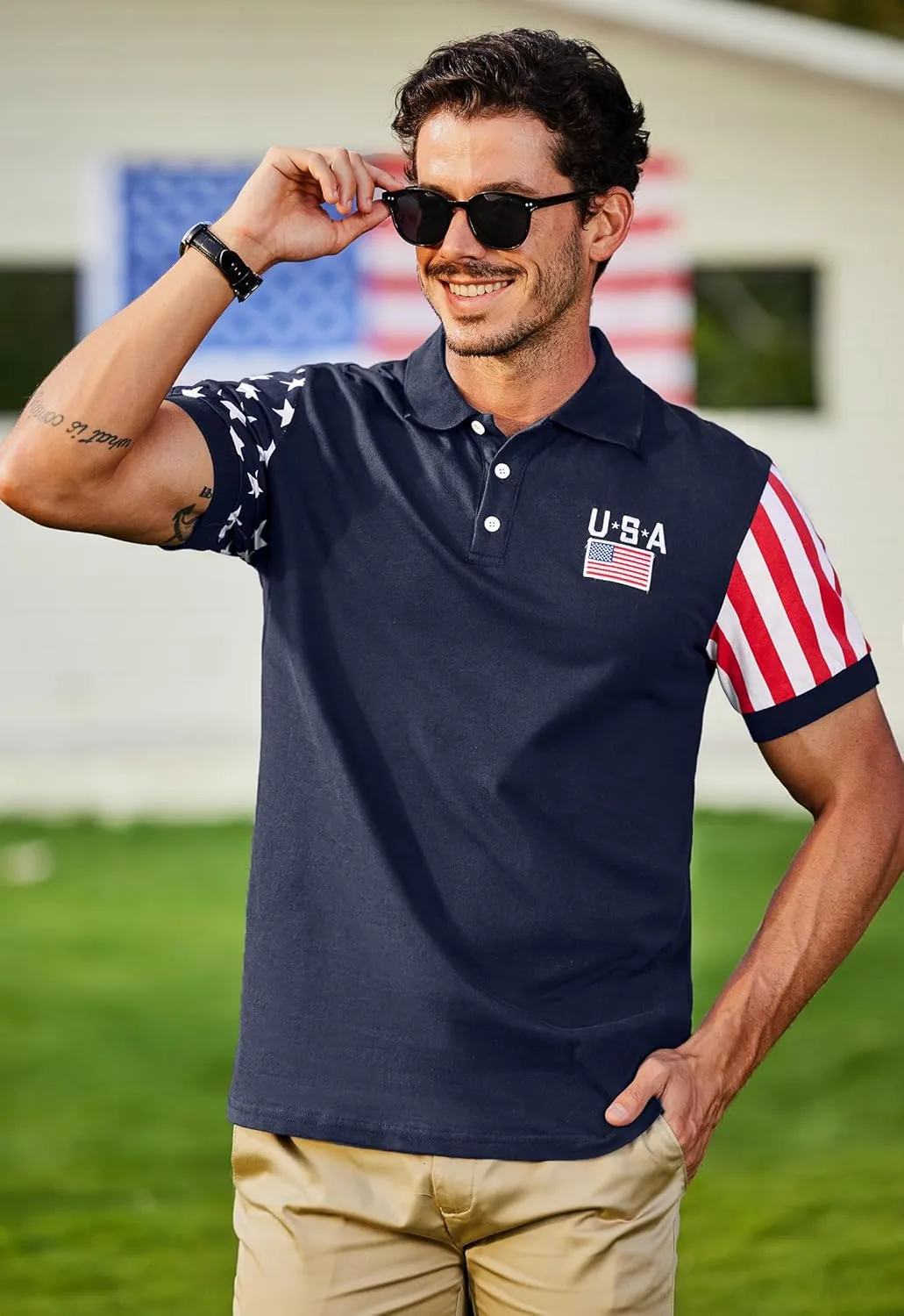 Arvilhill Men's American Flag Polo Shirts Short Sleeve 4th of July Cotton Golf Shirt (S-3XL)