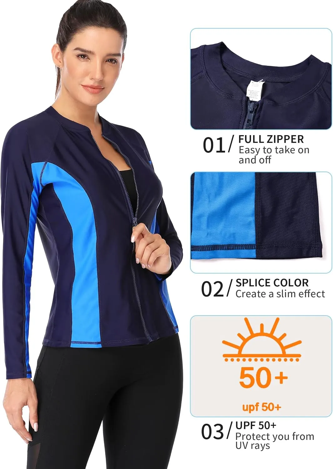 ATTRACO Women's Rashguard Swimsuit Zip Front Sun Protection Swim Shirt UPF 50 