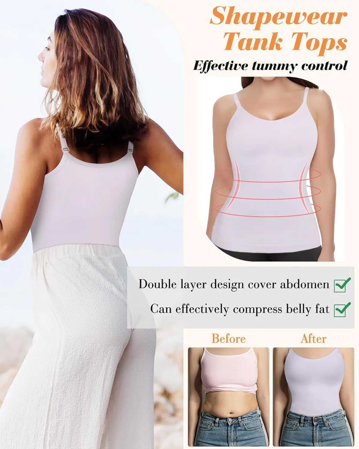 AURUZA Women's Shapewear Tummy Control Scoop Neck Camisole Tops for Women Seamless Compression Tank Top Regular and Plus Size
