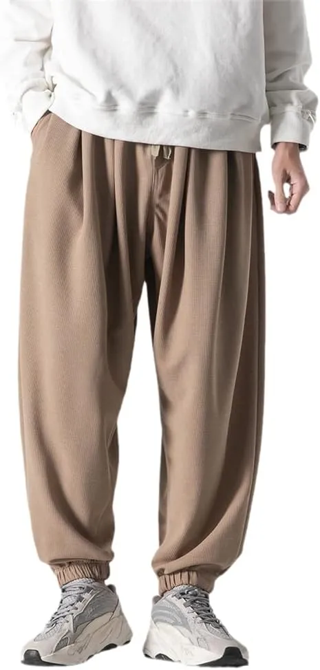 Autumn Men Waffle Harem Pants Drawstring Chinese Style Trousers Male Streetwear Hip Hop Oversized s4 M