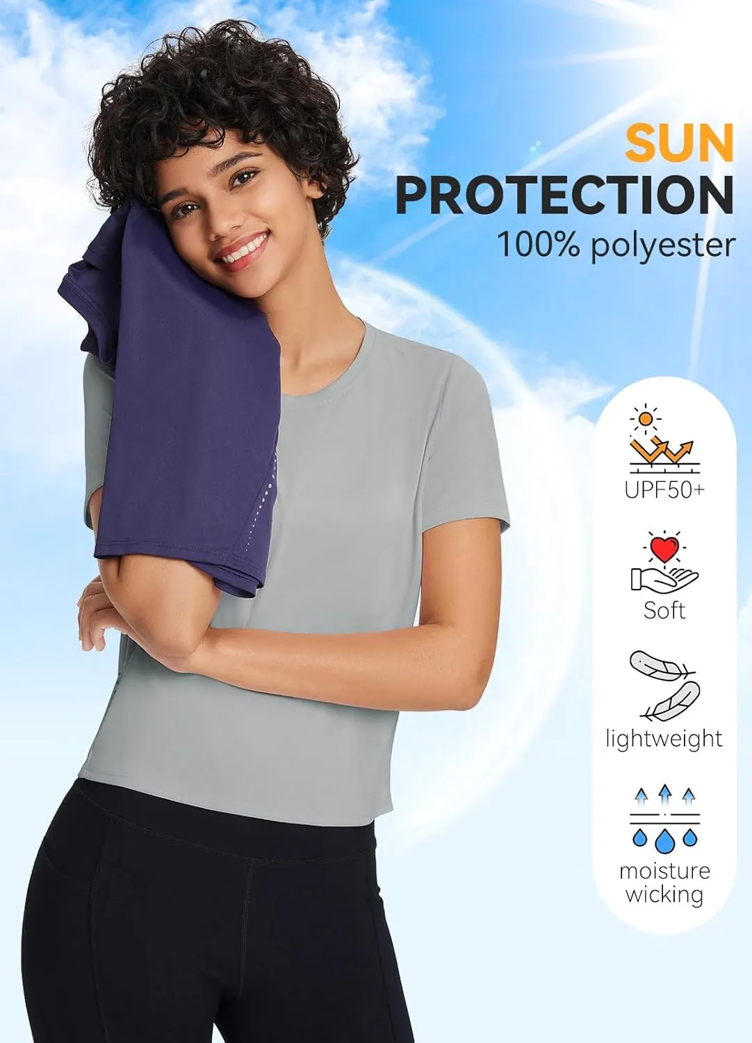 baleaf Women's Workout Tops Athletic Shirts Cropped Short Sleeve Split Back Running Gym Quick Dry Sun Protection UPF 50 
