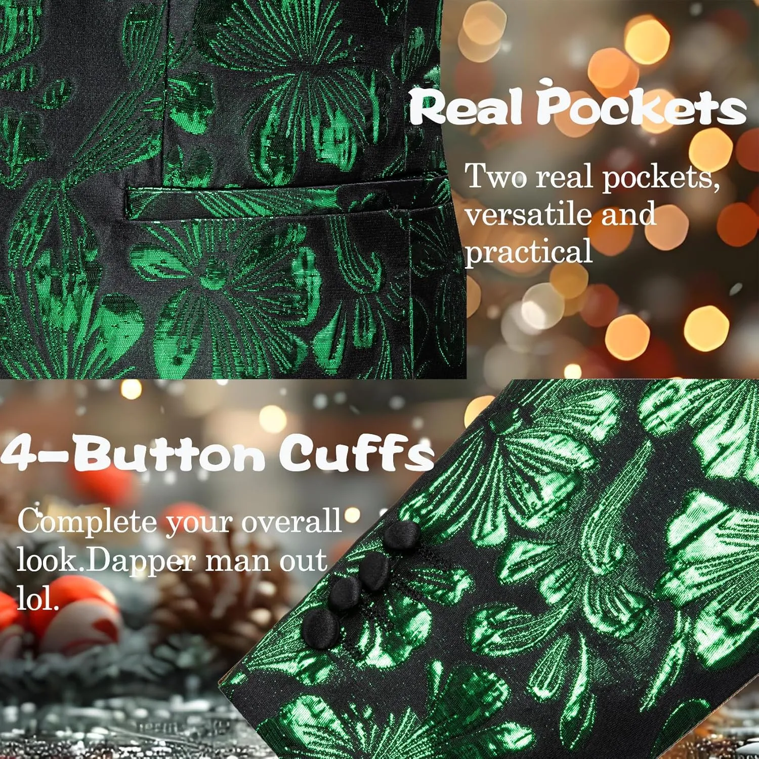 Barry.Wang Mens Flowers Blazer Mardi Gras Brooch Suit Jacket Floral Jacquard Tuxedo Carnival St. Patrick's Day Gift Coat