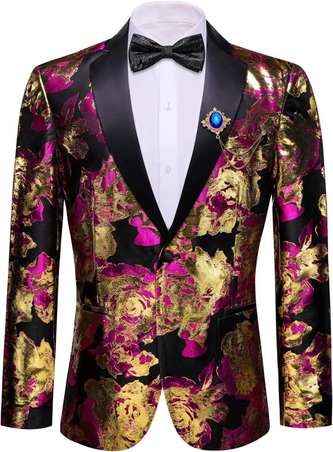 Barry.Wang Mens Flowers Blazer Mardi Gras Brooch Suit Jacket Floral Jacquard Tuxedo Carnival St. Patrick's Day Gift Coat