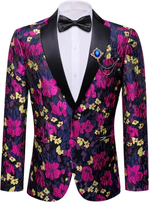 Barry.Wang Mens Flowers Blazer Mardi Gras Brooch Suit Jacket Floral Jacquard Tuxedo Carnival St. Patrick's Day Gift Coat