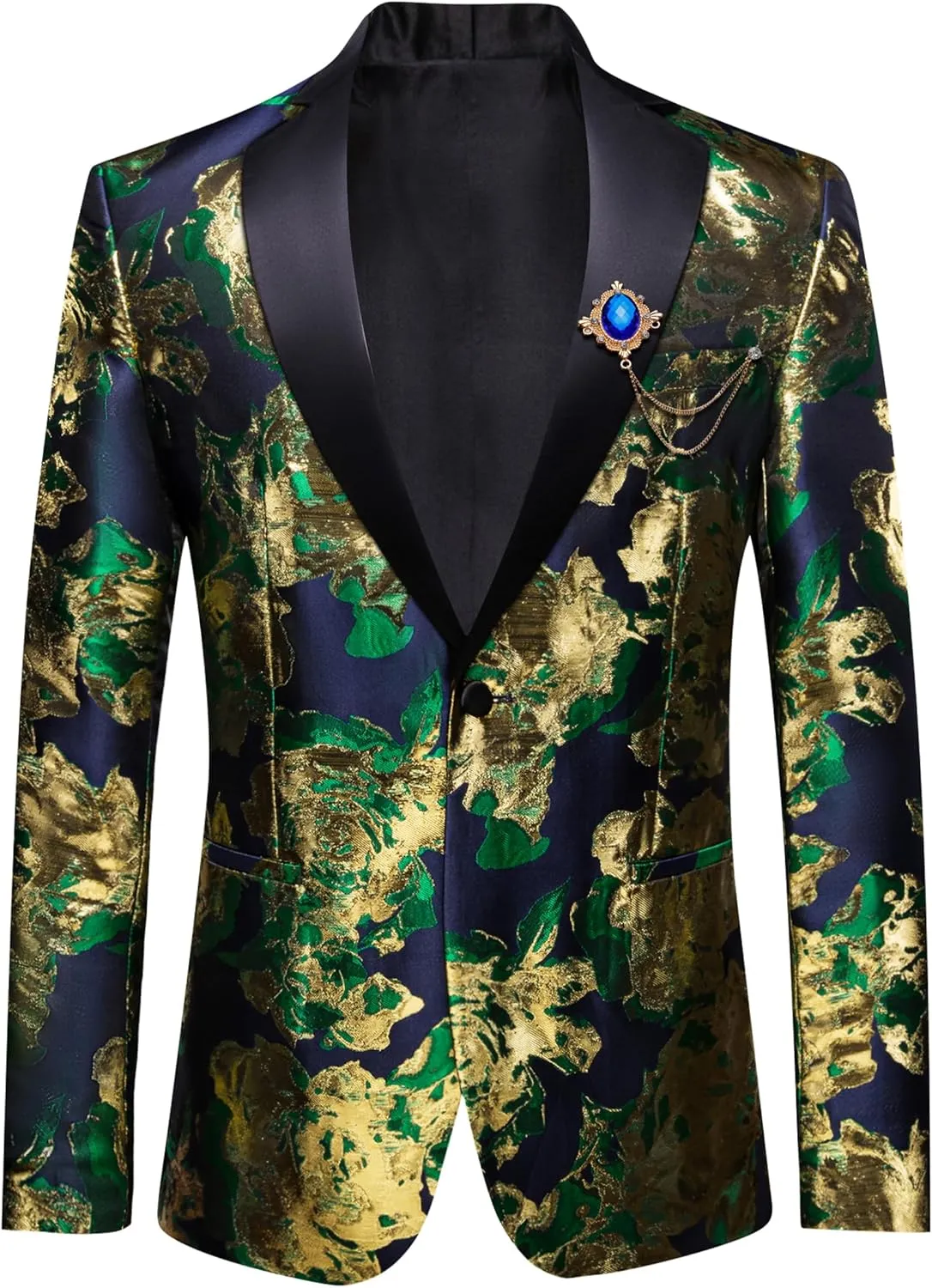 Barry.Wang Mens Flowers Blazer Mardi Gras Brooch Suit Jacket Floral Jacquard Tuxedo Carnival St. Patrick's Day Gift Coat