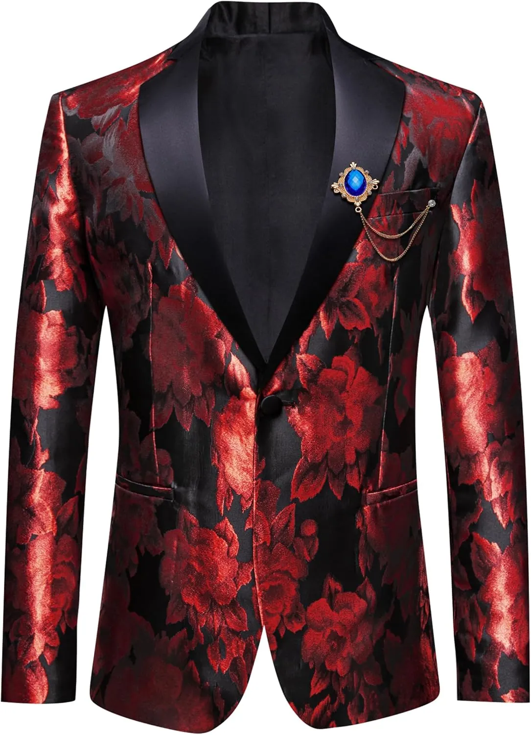 Barry.Wang Mens Flowers Blazer Mardi Gras Brooch Suit Jacket Floral Jacquard Tuxedo Carnival St. Patrick's Day Gift Coat