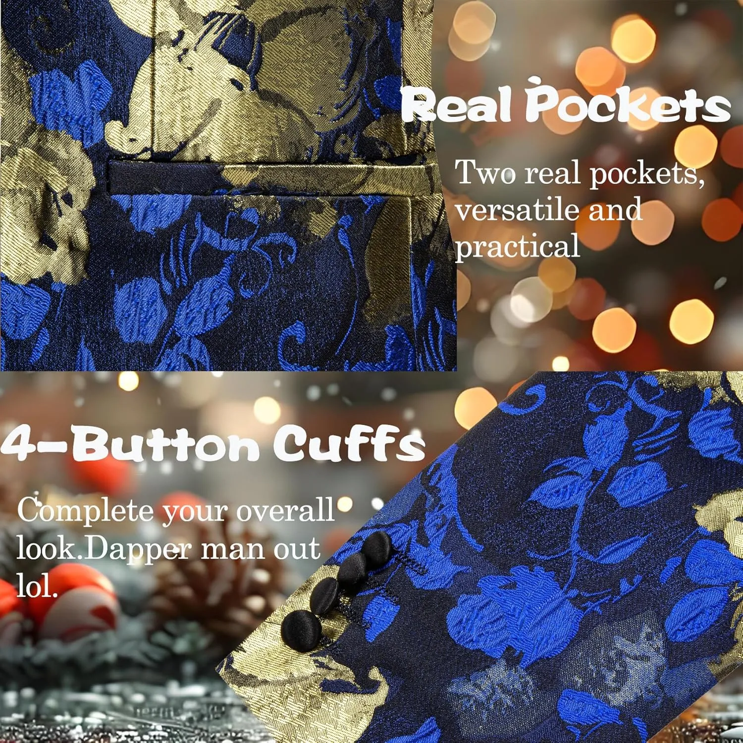 Barry.Wang Mens Flowers Blazer Mardi Gras Brooch Suit Jacket Floral Jacquard Tuxedo Carnival St. Patrick's Day Gift Coat