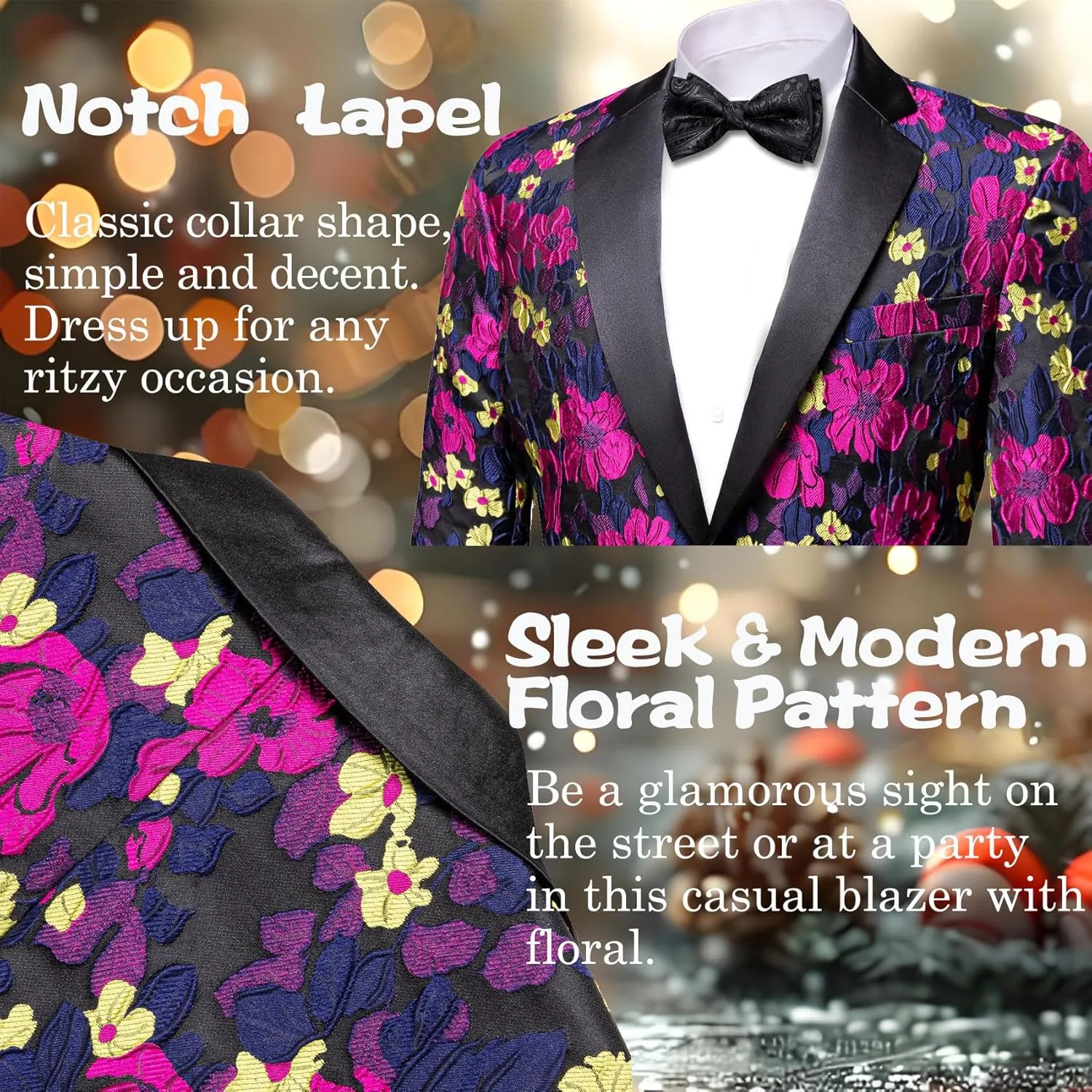 Barry.Wang Mens Flowers Blazer Mardi Gras Brooch Suit Jacket Floral Jacquard Tuxedo Carnival St. Patrick's Day Gift Coat