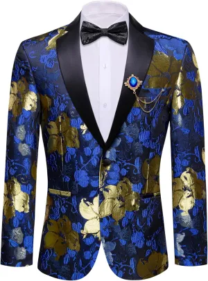 Barry.Wang Mens Flowers Blazer Mardi Gras Brooch Suit Jacket Floral Jacquard Tuxedo Carnival St. Patrick's Day Gift Coat