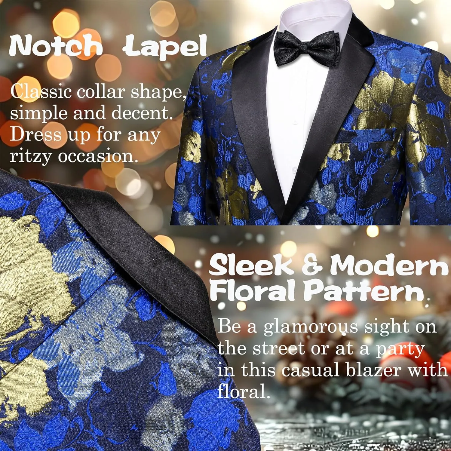 Barry.Wang Mens Flowers Blazer Mardi Gras Brooch Suit Jacket Floral Jacquard Tuxedo Carnival St. Patrick's Day Gift Coat