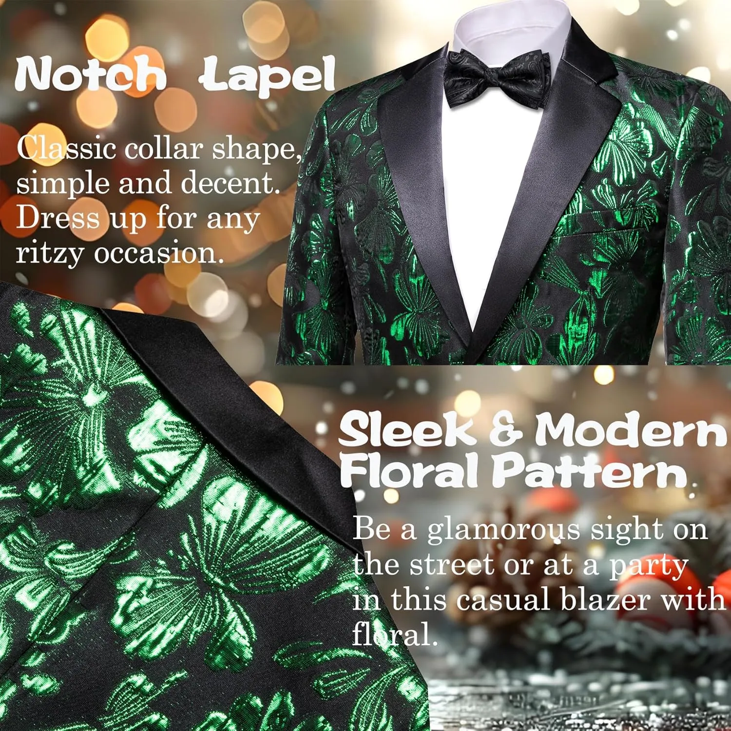 Barry.Wang Mens Flowers Blazer Mardi Gras Brooch Suit Jacket Floral Jacquard Tuxedo Carnival St. Patrick's Day Gift Coat