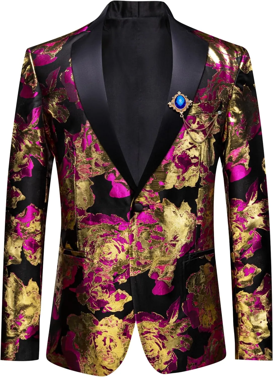 Barry.Wang Mens Flowers Blazer Mardi Gras Brooch Suit Jacket Floral Jacquard Tuxedo Carnival St. Patrick's Day Gift Coat