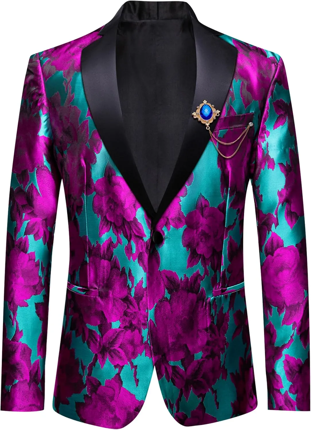 Barry.Wang Mens Flowers Blazer Mardi Gras Brooch Suit Jacket Floral Jacquard Tuxedo Carnival St. Patrick's Day Gift Coat